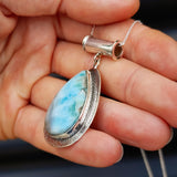 Solid Sterling Silver & Natural Blue Larimar Handmade Rustic Pear Shaped Necklace