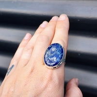 (T) Solid Sterling Silver & Natural Sodalite Oval Handmade Solitaire Ring