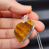 Solid Sterling Silver & Natural Tiger Eye Handmade Heart Pendant Necklace