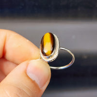 (Q) Solid Sterling Silver & Natural Tigers Eye Oval Handmade Solitaire Ring