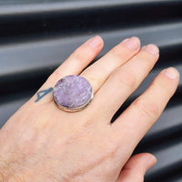 (O) Solid Sterling Silver & Natural Lepidolite Handmade Round Solitaire Ring