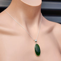 Solid Sterling Silver & Natural Nephrite Greenstone Handmade Oval Pendant Necklace