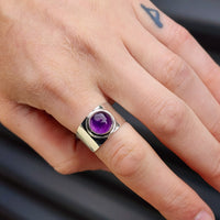 (T) Solid Sterling Silver & Natural Amethyst Wide Band Cuff Handmade Ring