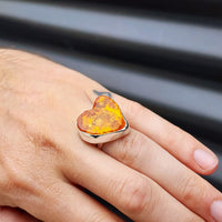 (Q) Solid Sterling Silver & Rustic Natural Baltic Amber Heart Handmade Ring