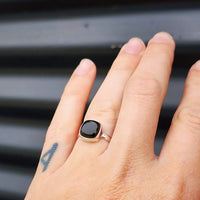 (Q) Solid Sterling Silver & Natural Black Onyx Handmade Cushion Solitaire Ring