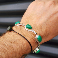 Solid Sterling Silver & Natural Malachite Stone Handmade Chain Bracelet