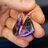 Solid Sterling Silver & Natural Charoite Handmade Hanging Hook Earrings