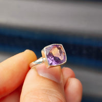 (Q) Solid Sterling Silver & Square Rustic Amethyst Stone Handmade Solitaire Ring