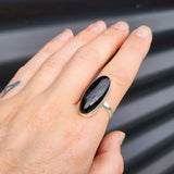 (T) Solid Sterling Silver & Long Oval Black Onyx Handmade Solitaire Ring