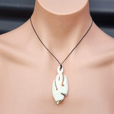 Natural Hand Carved Maori Bone Carving Pendant Necklace - Double Hook With Paua Inlay