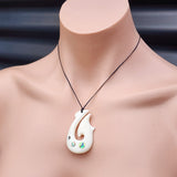 Natural Hand Carved Maori Bone Carving Pendant Necklace - Hook With Paua Inlay