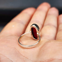 (O) Solid Sterling Silver & Red Garnet Oval Stone Handmade Solitaire Ring