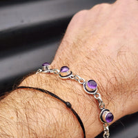 Solid Sterling Silver & Natural Amethyst Handmade Chain Bracelet