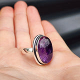 (Q) Solid Sterling Silver & Natural Amethyst Oval Handmade Solitaire Ring