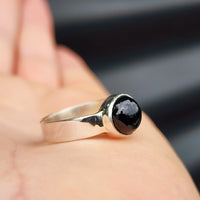 (Q) Solid Sterling Silver & Black Onyx Stone Handmade Solitaire Ring