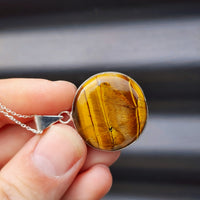 Solid Sterling Silver & Natural Tiger Eye Handmade Round Pendant Necklace