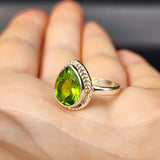 (Q) Solid Sterling Silver & Natural Peridot Handmade Pear Shaped Signet Ring