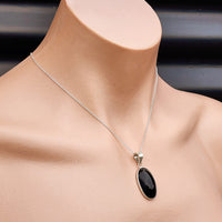 Solid Sterling Silver & Natural Black Onyx Handmade Pendant & Chain Necklace