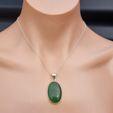 Solid Sterling Silver & Natural Nephrite Greenstone Handmade Oval Pendant Necklace