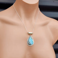 Solid Sterling Silver & Natural Blue Larimar Handmade Rustic Pear Shaped Necklace