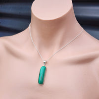 Solid Sterling Silver & Natural Malachite Handmade Rectangle Pendant & Chain Necklace