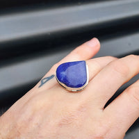 (Q) Solid Sterling Silver & Rustic Natural Blue Quartz Heart Handmade Signet Ring