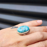 (Q) Solid Sterling Silver & Natural Blue Larimar Handmade Solitaire Ring