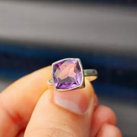 (Q) Solid Sterling Silver & Square Rustic Amethyst Stone Handmade Solitaire Ring