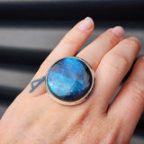 (R) Solid Sterling Silver & Natural Labradorite Round Handmade Solitaire Ring