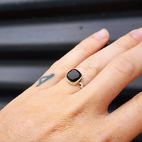 (Q) Solid Sterling Silver & Natural Black Onyx Handmade Cushion Solitaire Ring