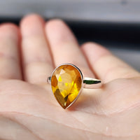 (Q) Solid Sterling Silver & Citrine Stone Pear Handmade Solitaire Ring