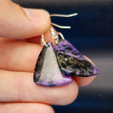 Solid Sterling Silver & Natural Charoite Handmade Hanging Hook Earrings