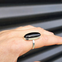 (T) Solid Sterling Silver & Long Oval Black Onyx Handmade Solitaire Ring