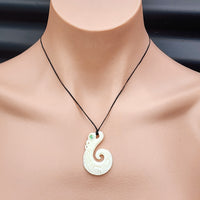 Natural Hand Carved Maori Bone Carving Pendant Necklace - Manaia With Paua Inlay