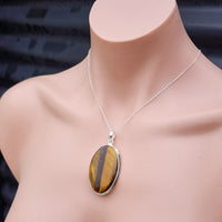 Solid Sterling Silver & Natural Tiger Eye Handmade Oval Pendant & Chain Necklace