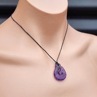 Natural Amethyst Traditional NZ Maori Whale Tail Hook Carving Pendant Necklace