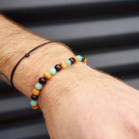 Adults Elastic Bracelet - Polished Cherry Amber & Pine Wood + Amazonite