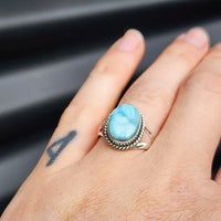 (R) Solid Sterling Silver & Natural Larimar Handmade Solitaire Ring