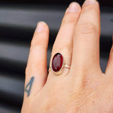 (Q) Solid Sterling Silver & Red Garnet Oval Stone Handmade Solitaire Ring