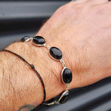 Solid Sterling Silver & Natural Black Onyx Handmade Chain Bracelet