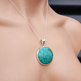 Solid Sterling Silver & Natural Amazonite Handmade Round Pendant & Chain Necklace