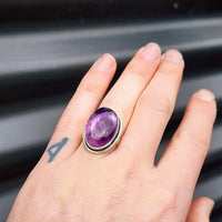 (Q) Solid Sterling Silver & Natural Amethyst Oval Handmade Solitaire Ring