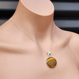 Solid Sterling Silver & Natural Tiger Eye Handmade Round Pendant Necklace