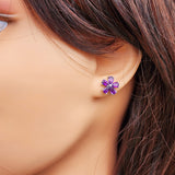 Natural Amethyst & Solid Silver Flower Stud Earrings