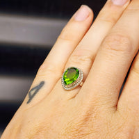 (Q) Solid Sterling Silver & Natural Peridot Handmade Pear Shaped Signet Ring