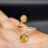 (Q) Solid Sterling Silver & Natural Amber Double Setting Handmade Ring