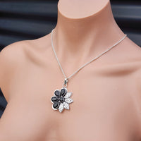 Solid Sterling Silver & Natural Black Onyx Handmade Flower Necklace