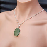 Solid Sterling Silver & Natural Nephrite Greenstone Handmade Oval Pendant Necklace