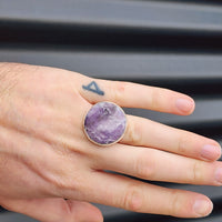 (O) Solid Sterling Silver & Natural Lepidolite Handmade Round Solitaire Ring