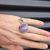 (O) Solid Sterling Silver & Natural Lepidolite Handmade Round Solitaire Ring